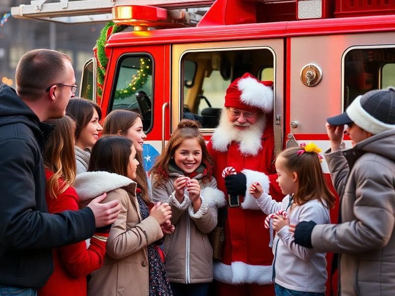 Families and children gathered around Santa at a fire truck during a community event