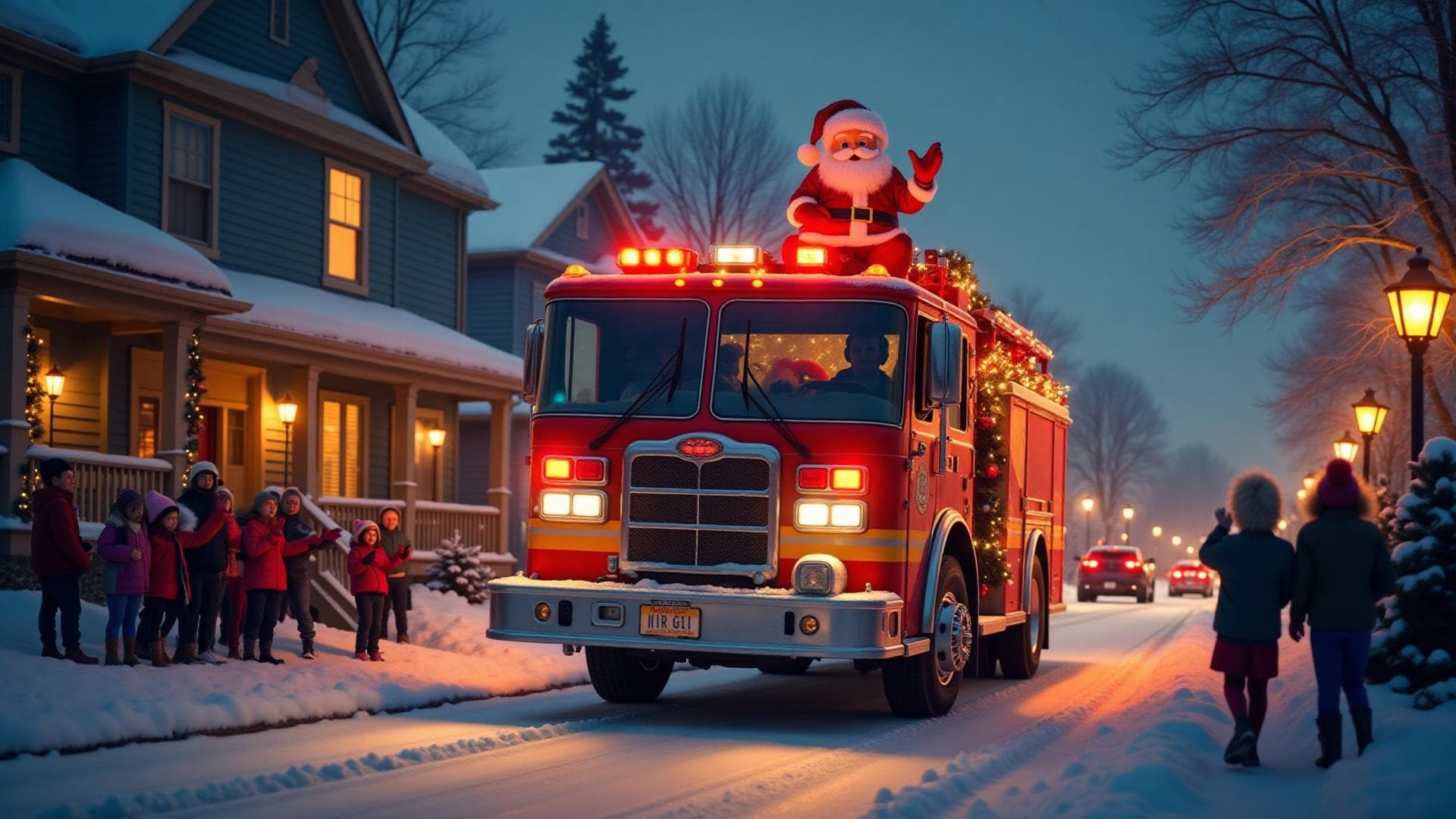 Santa waving from a fire truck while families watch from a snowy neighborhood