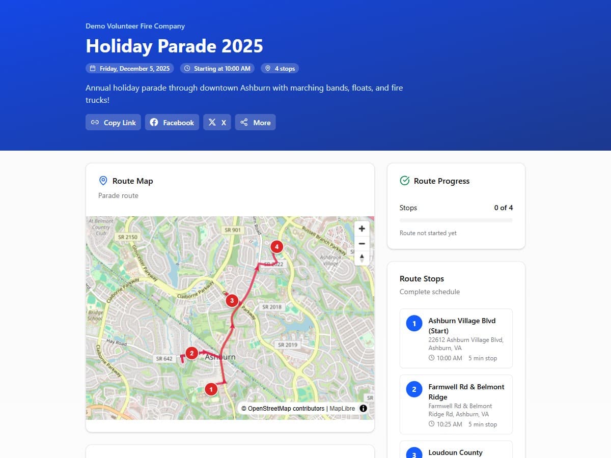 Public event page showing the branded header, road-following route map with numbered stops, and the full stop schedule